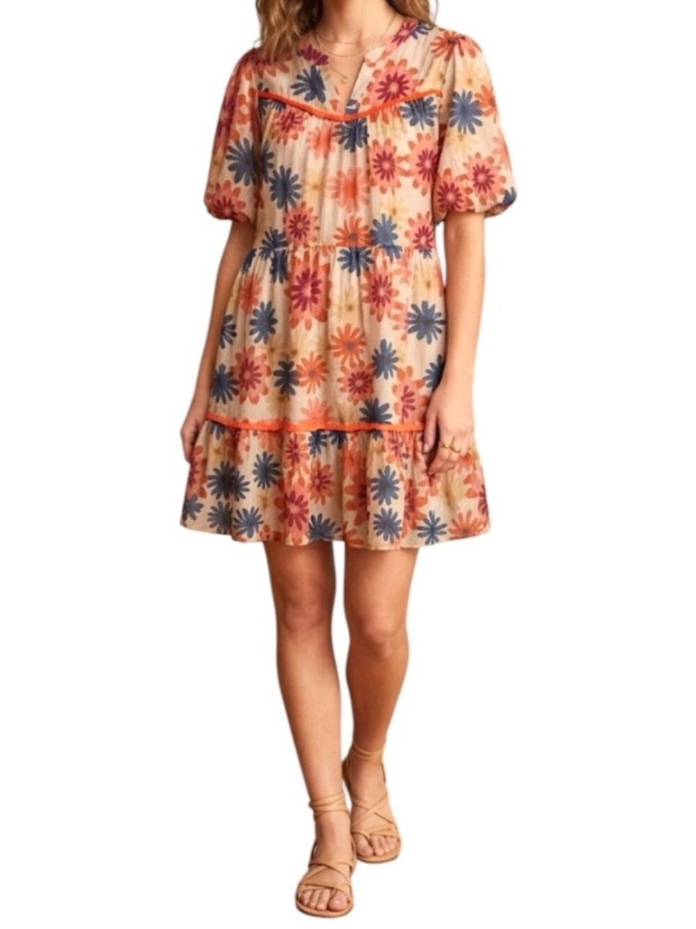 VOY Orange Floral Boho Cottage Tropical Vacation Travel Wear Sundress Large